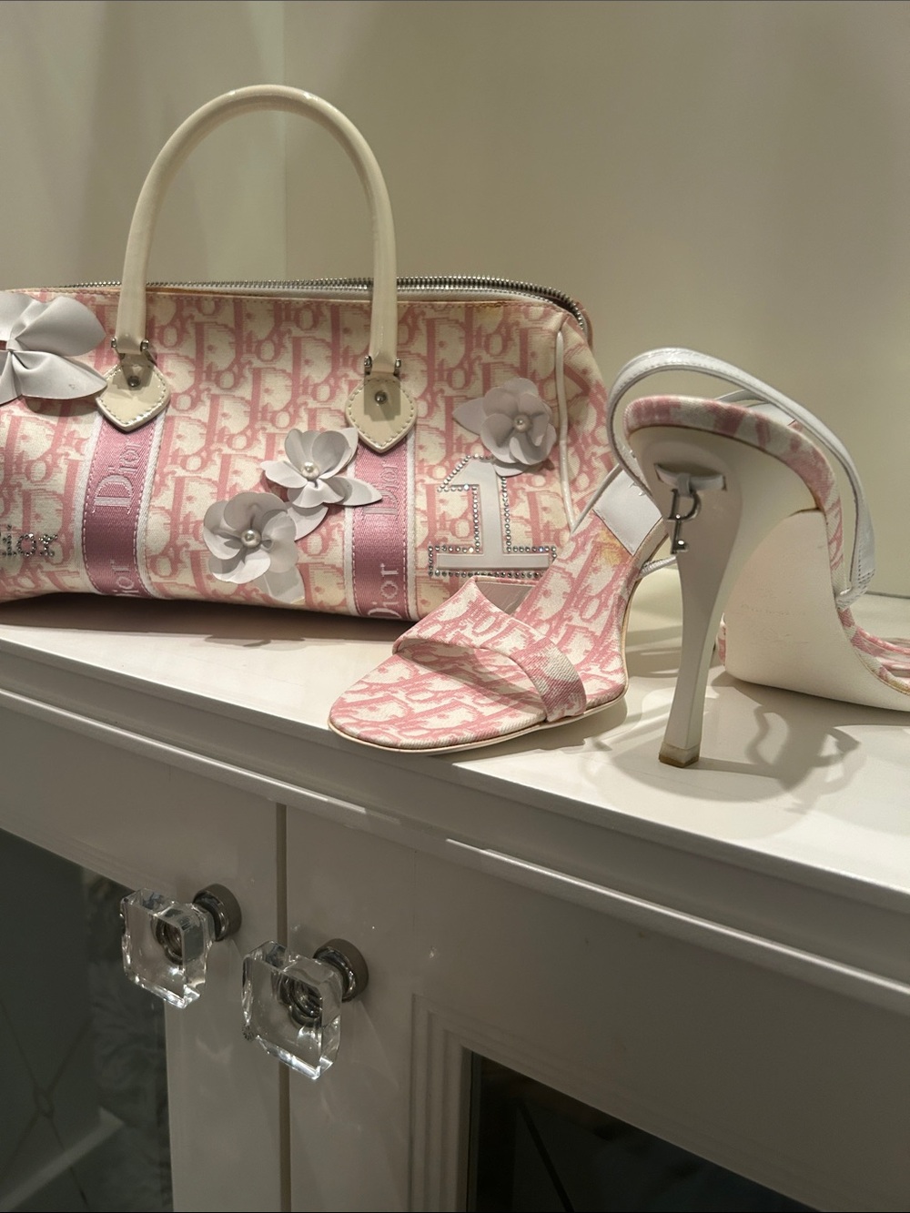 Dior Pink & White Monogram Tote with Floral Appliqué